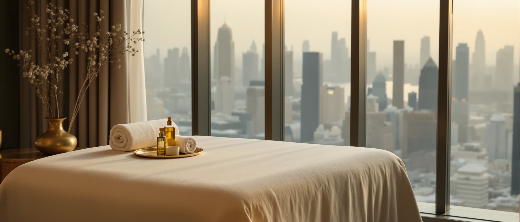 A massage table dressed in ivory linen prepared in a high-floor Dubai apartment at golden hour