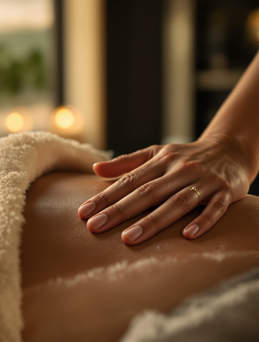 A therapist's hands resting on a client's shoulder during a massage
